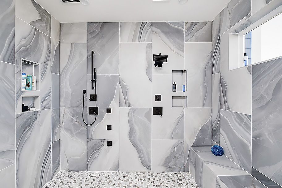 Giant Master Bathroom Wet Room with Rainfall Shower Heads