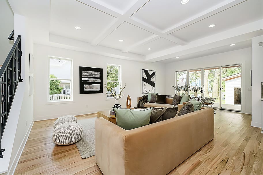 Living Room with Coffered Ceiling Detail in a New Construction Home by Gem Homes Indianapolis