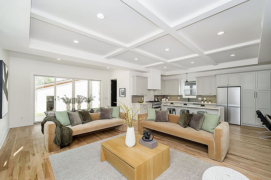 Open Concept Living Room with Coffered Ceiling Detail in a New Construction Home by Gem Homes Indianapolis