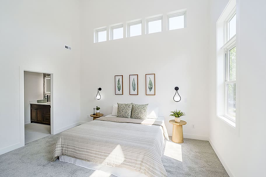 Organic and Peaceful Primary Bedroom with White Walls and Windows