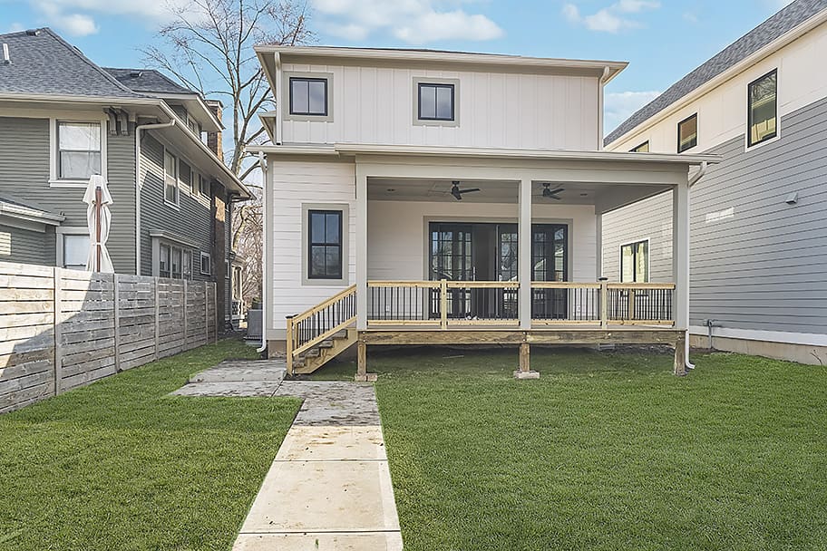 Back Exterior of 2142 N Delaware with Covered Porch in Custom Home by Gem Homes Indianapolis